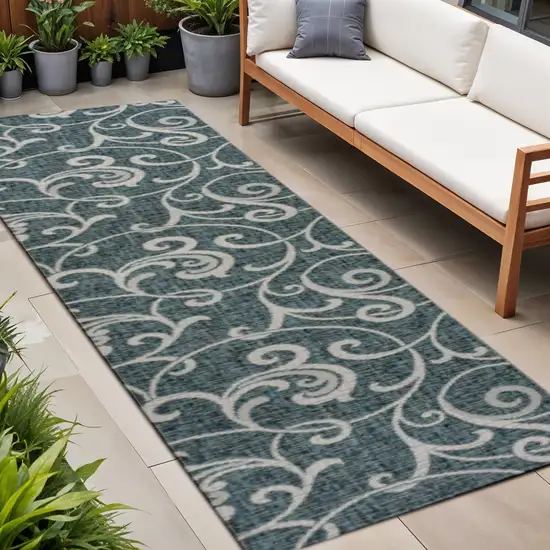 8' Turquoise And Cream Floral Indoor Outdoor Runner Rug Photo 1