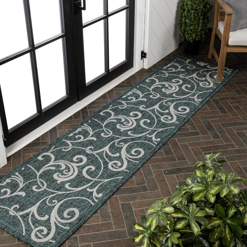 8' Turquoise And Cream Floral Indoor Outdoor Runner Rug Photo 5