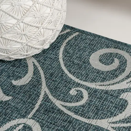 8' Turquoise And Cream Floral Indoor Outdoor Runner Rug Photo 7