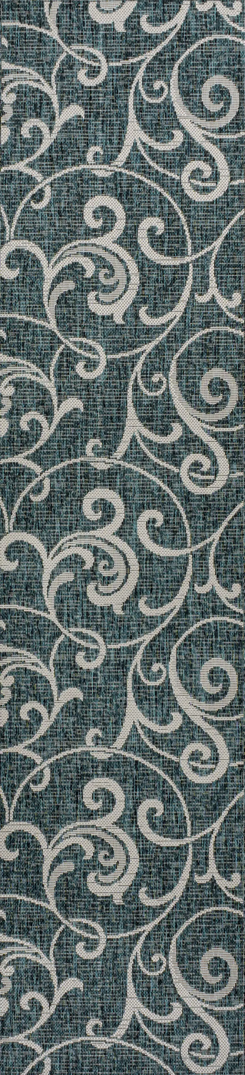 8' Turquoise And Cream Floral Indoor Outdoor Runner Rug Photo 1