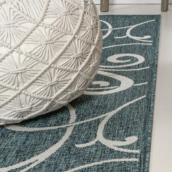 8' Turquoise And Cream Floral Indoor Outdoor Runner Rug Photo 8