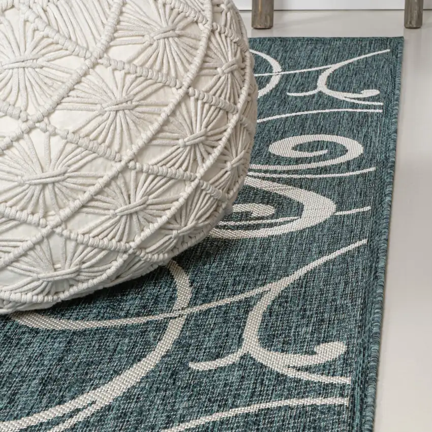8' Turquoise And Cream Floral Indoor Outdoor Runner Rug Photo 8