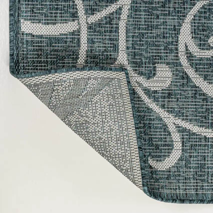 8' Turquoise And Cream Floral Indoor Outdoor Runner Rug Photo 8