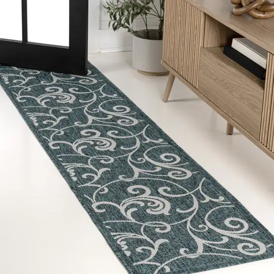 8' Turquoise And Cream Floral Indoor Outdoor Runner Rug Photo 4