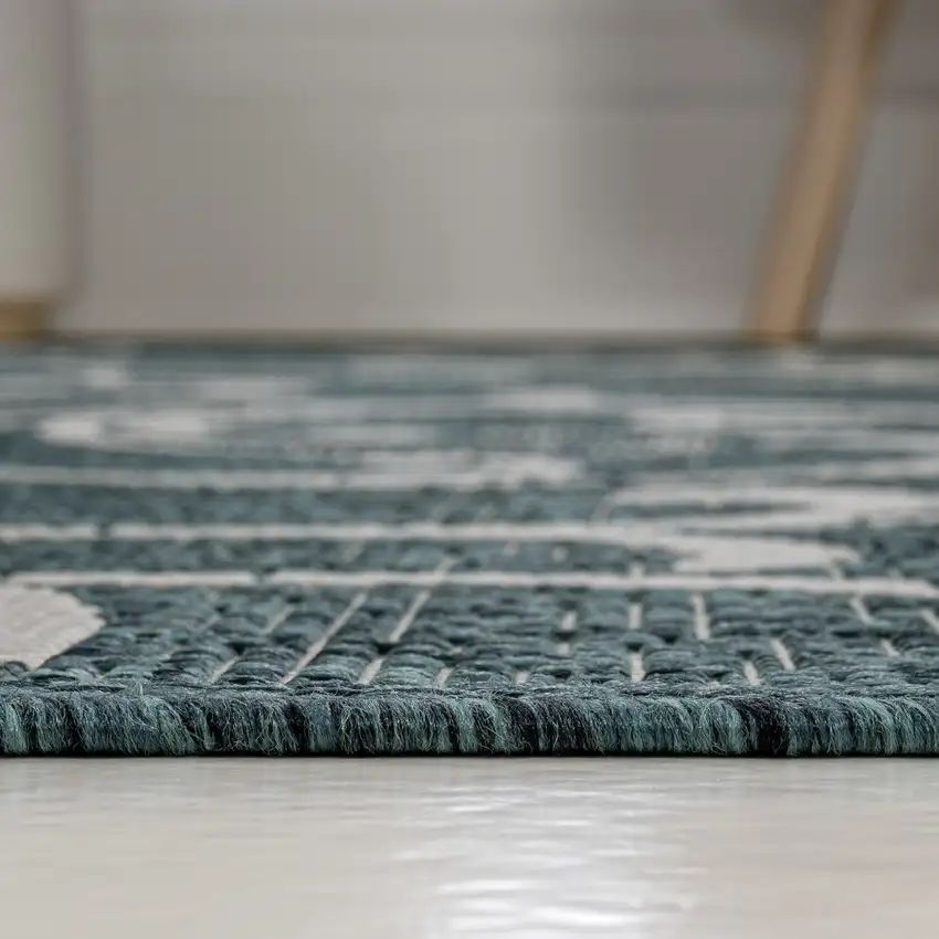 8' Turquoise And Cream Floral Indoor Outdoor Runner Rug Photo 9