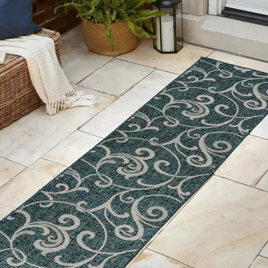 8' Turquoise And Cream Floral Indoor Outdoor Runner Rug Photo 6