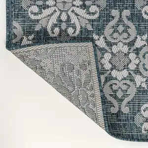 Photo of 8' Turquoise And Cream Floral Indoor Outdoor Runner Rug