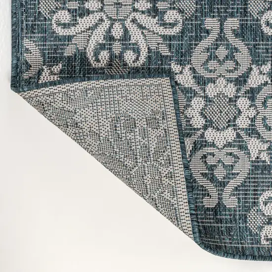 8' Turquoise And Cream Floral Indoor Outdoor Runner Rug Photo 1