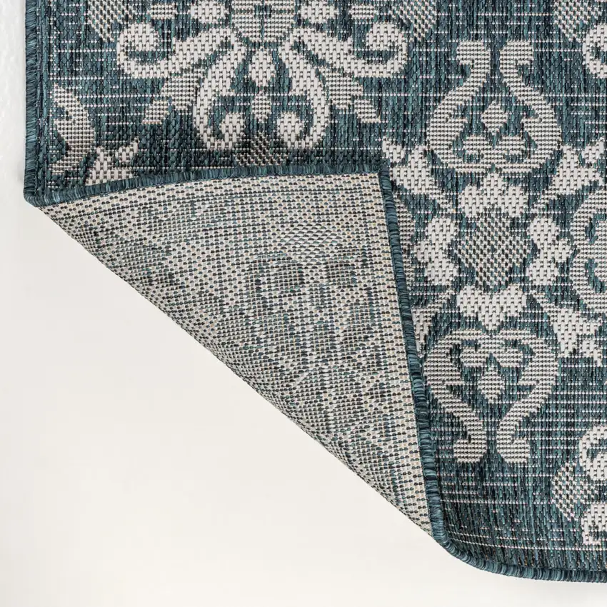 8' Turquoise And Cream Floral Indoor Outdoor Runner Rug Photo 1