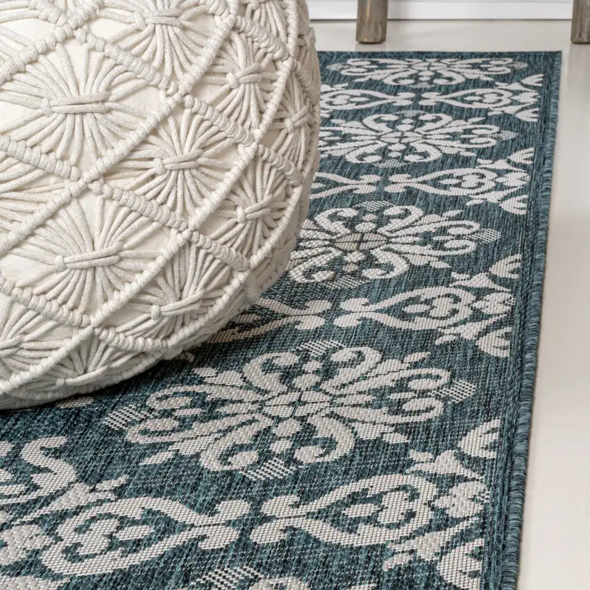 8' Turquoise And Cream Floral Indoor Outdoor Runner Rug Photo 6