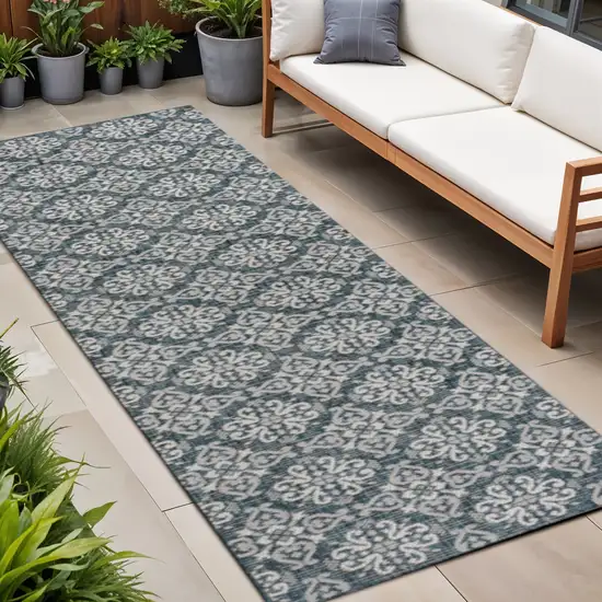8' Turquoise And Cream Floral Indoor Outdoor Runner Rug Photo 1