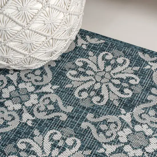 8' Turquoise And Cream Floral Indoor Outdoor Runner Rug Photo 8