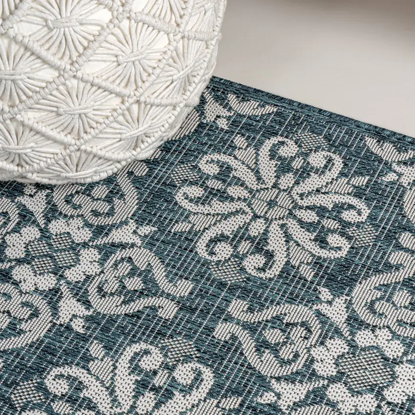 8' Turquoise And Cream Floral Indoor Outdoor Runner Rug Photo 8