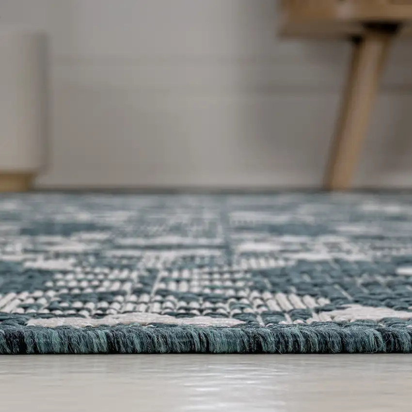 8' Turquoise And Cream Floral Indoor Outdoor Runner Rug Photo 9