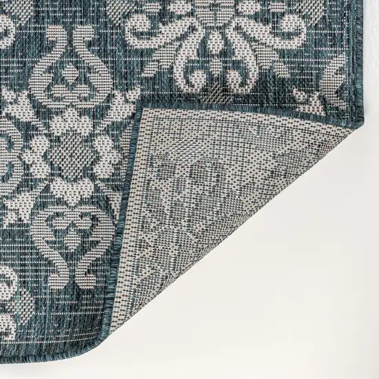 8' Turquoise And Cream Floral Indoor Outdoor Runner Rug Photo 2