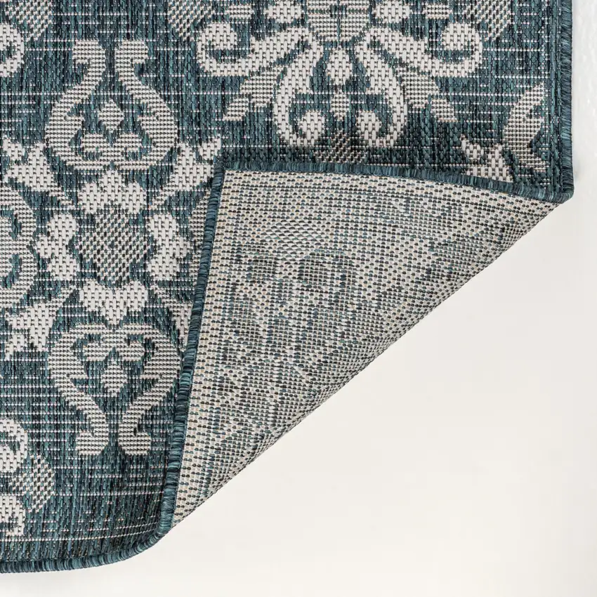 8' Turquoise And Cream Floral Indoor Outdoor Runner Rug Photo 2