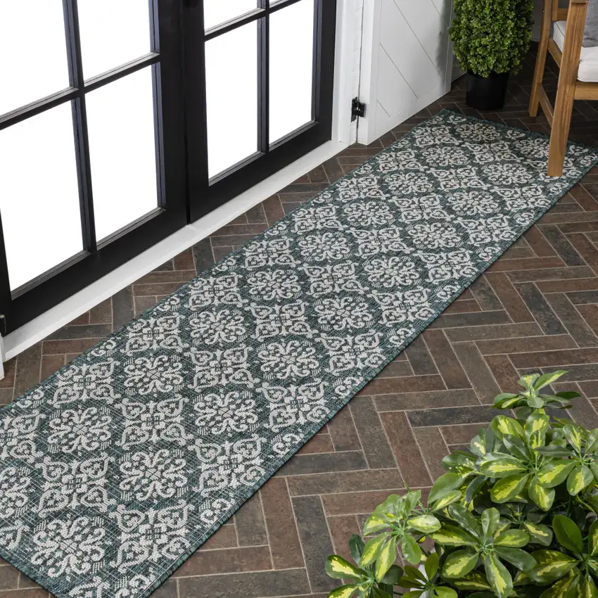 8' Turquoise And Cream Floral Indoor Outdoor Runner Rug Photo 4