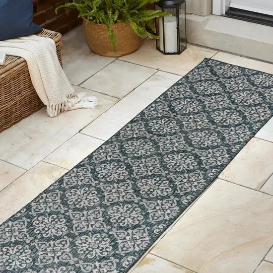 8' Turquoise And Cream Floral Indoor Outdoor Runner Rug Photo 5