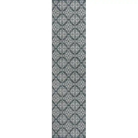 8' Turquoise And Cream Floral Indoor Outdoor Runner Rug Photo 8