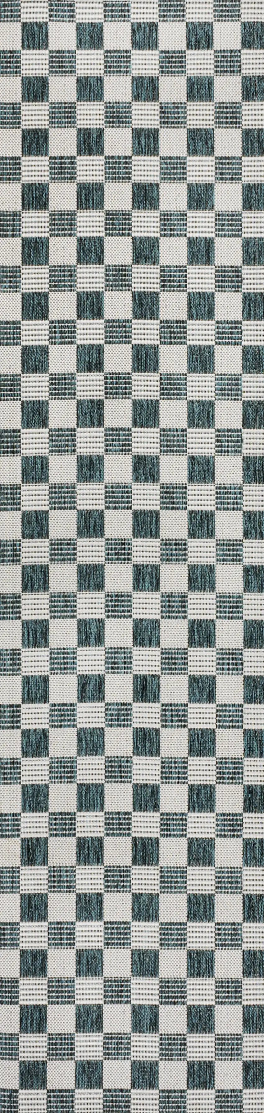 8' Turquoise And Cream Geometric Indoor Outdoor Runner Rug Photo 3