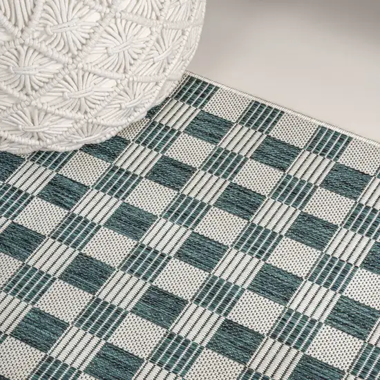 8' Turquoise And Cream Geometric Indoor Outdoor Runner Rug Photo 5
