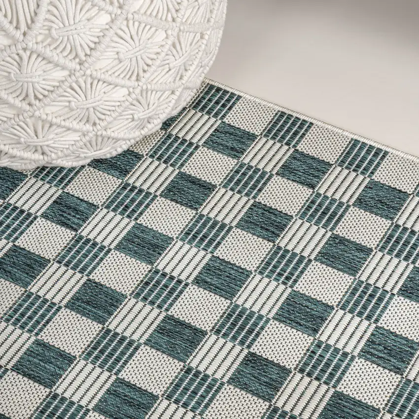 8' Turquoise And Cream Geometric Indoor Outdoor Runner Rug Photo 5