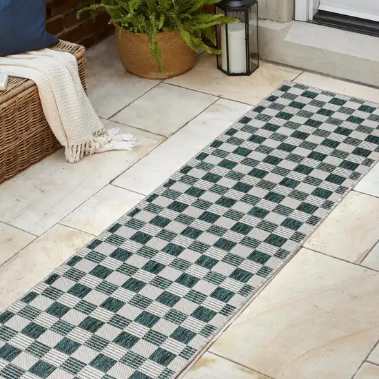 8' Turquoise And Cream Geometric Indoor Outdoor Runner Rug Photo 6