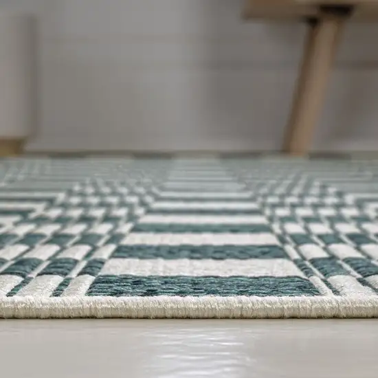 8' Turquoise And Cream Geometric Indoor Outdoor Runner Rug Photo 7
