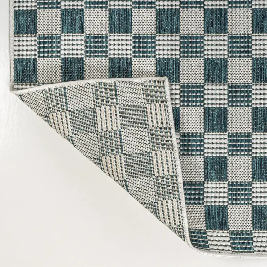 8' Turquoise And Cream Geometric Indoor Outdoor Runner Rug Photo 4