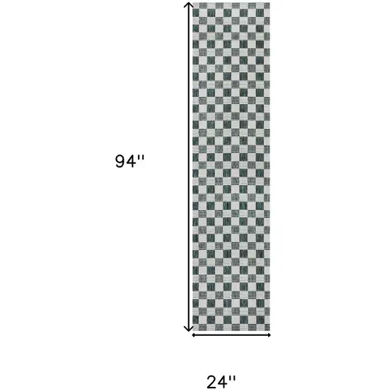 8' Turquoise And Cream Geometric Indoor Outdoor Runner Rug Photo 6