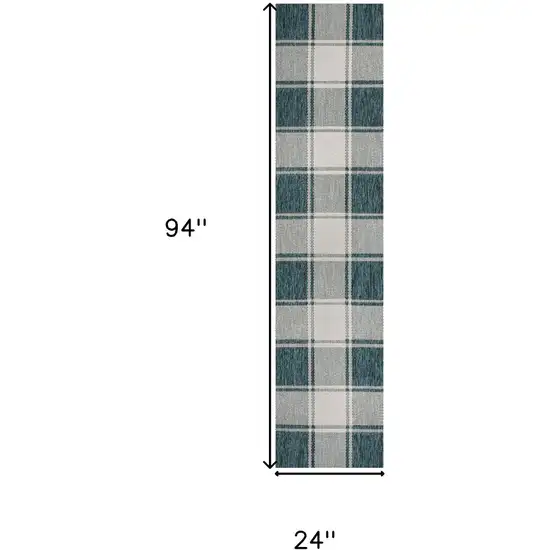8' Turquoise And Cream Gingham Indoor Outdoor Runner Rug Photo 8