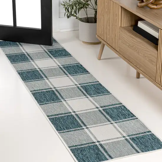 8' Turquoise And Cream Gingham Indoor Outdoor Runner Rug Photo 4