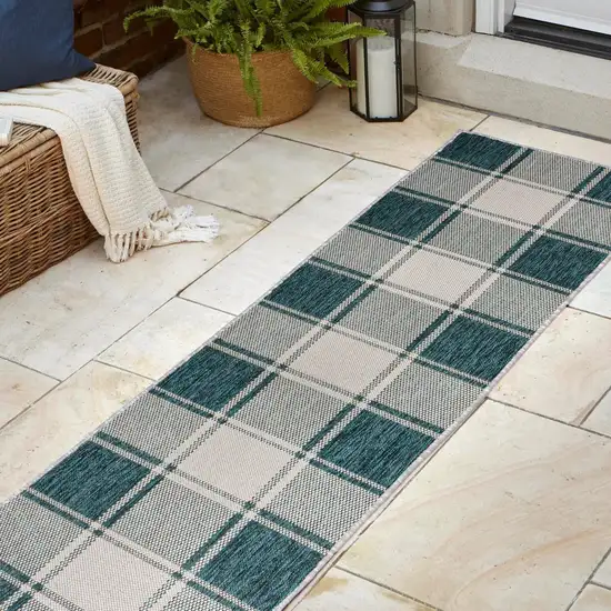 8' Turquoise And Cream Gingham Indoor Outdoor Runner Rug Photo 5