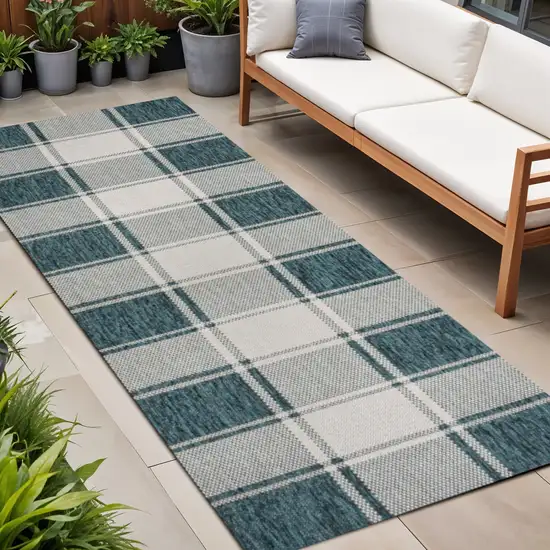8' Turquoise And Cream Gingham Indoor Outdoor Runner Rug Photo 1