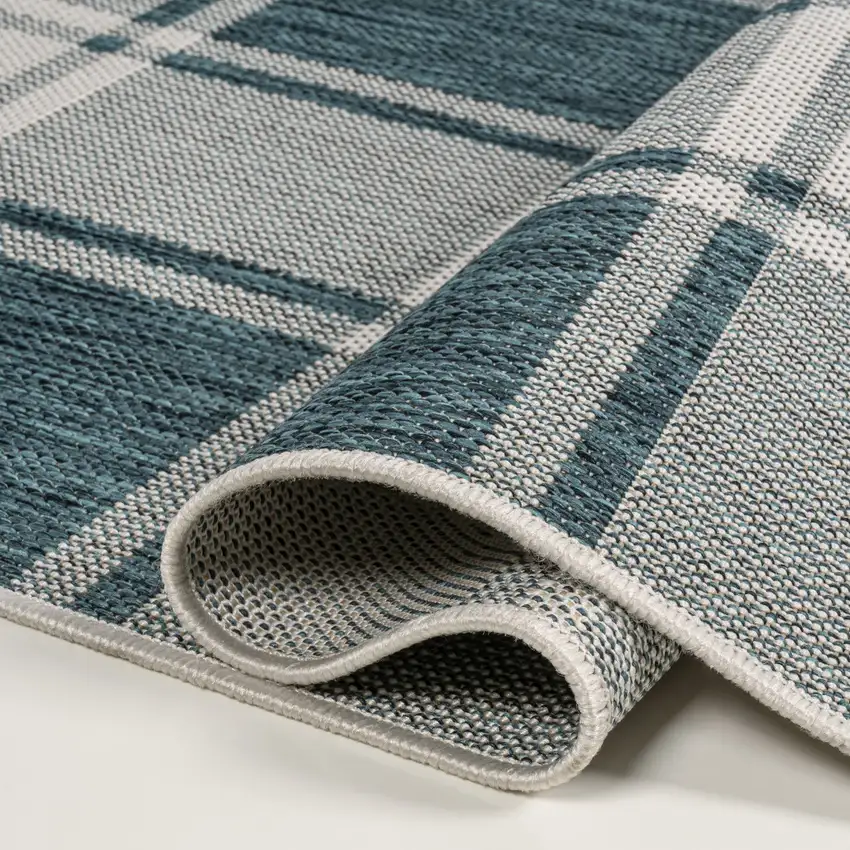 8' Turquoise And Cream Gingham Indoor Outdoor Runner Rug Photo 7