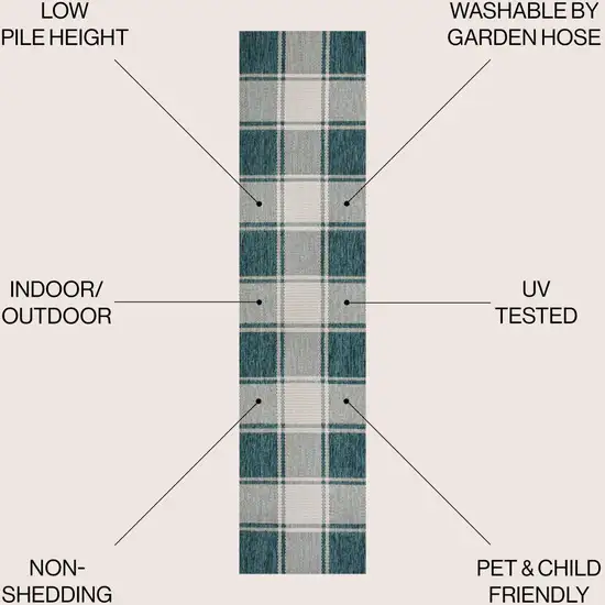 8' Turquoise And Cream Gingham Indoor Outdoor Runner Rug Photo 6