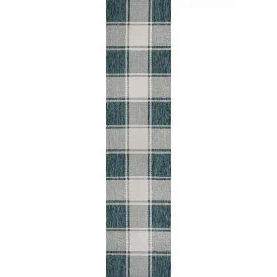 8' Turquoise And Cream Gingham Indoor Outdoor Runner Rug Photo 1