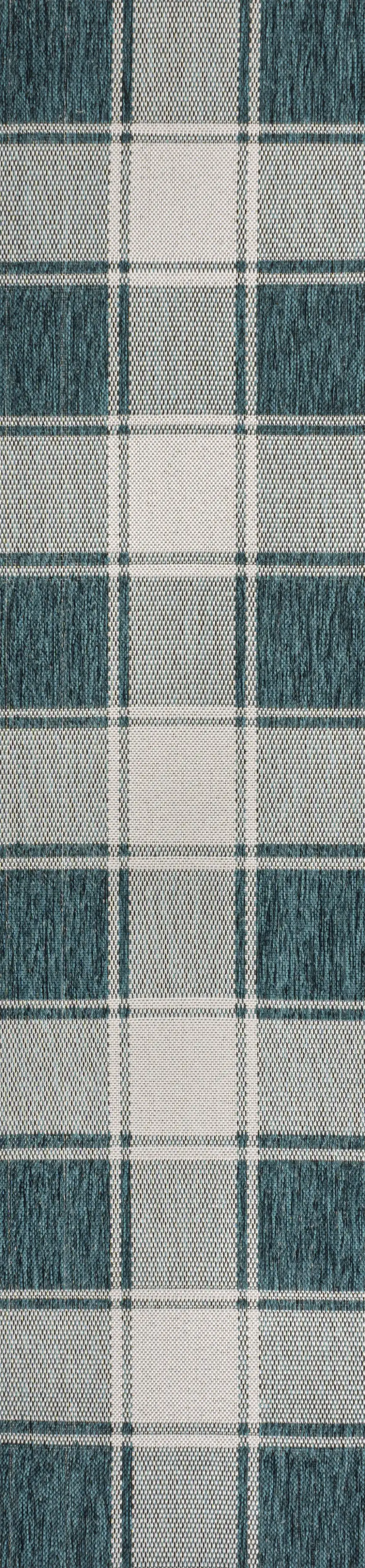 8' Turquoise And Cream Gingham Indoor Outdoor Runner Rug Photo 1