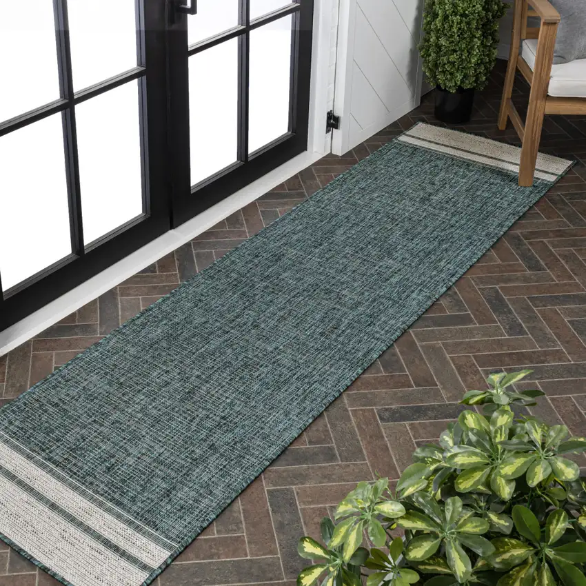 8' Turquoise And Cream Indoor Outdoor Runner Rug Photo 4
