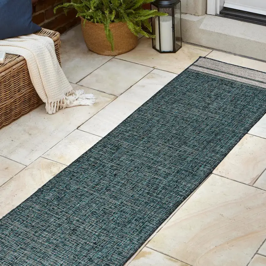 8' Turquoise And Cream Indoor Outdoor Runner Rug Photo 5
