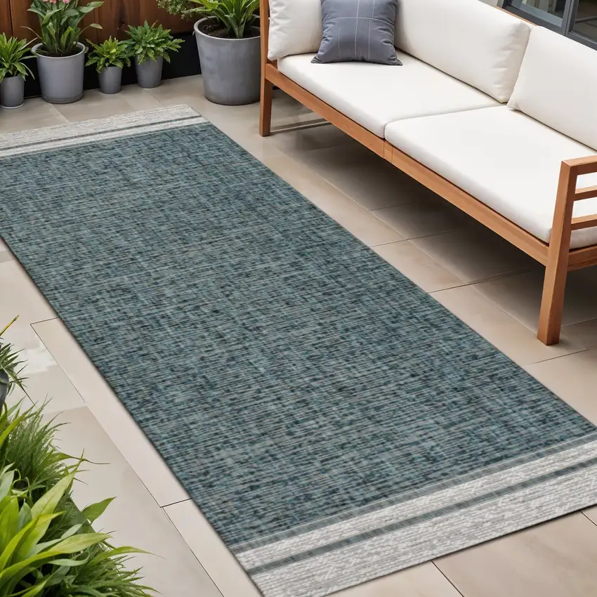 8' Turquoise And Cream Indoor Outdoor Runner Rug Photo 1