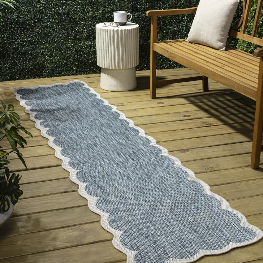 8' Turquoise And Cream Indoor Outdoor Runner Rug Photo 3