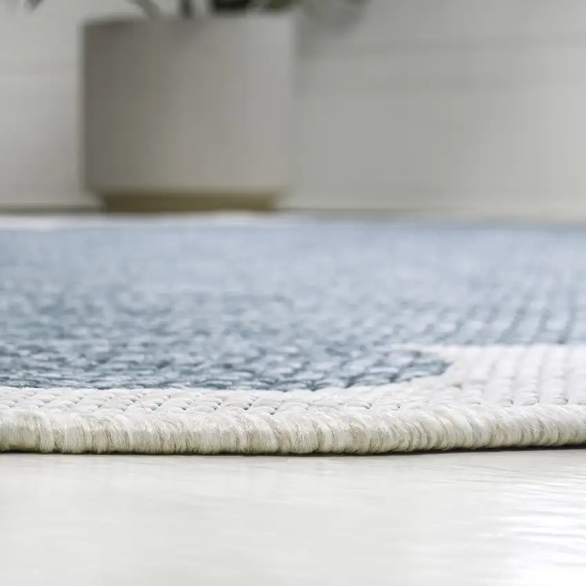 8' Turquoise And Cream Indoor Outdoor Runner Rug Photo 5