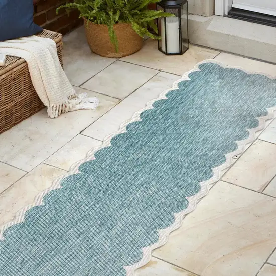 8' Turquoise And Cream Indoor Outdoor Runner Rug Photo 4