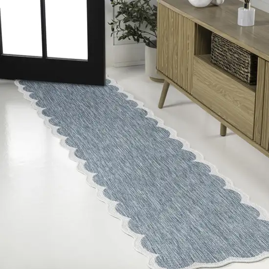 8' Turquoise And Cream Indoor Outdoor Runner Rug Photo 2