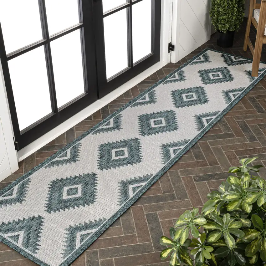 8' Turquoise And Cream Moroccan Indoor Outdoor Runner Rug Photo 4