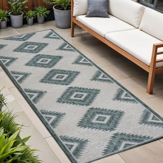 8' Turquoise And Cream Moroccan Indoor Outdoor Runner Rug Photo 1