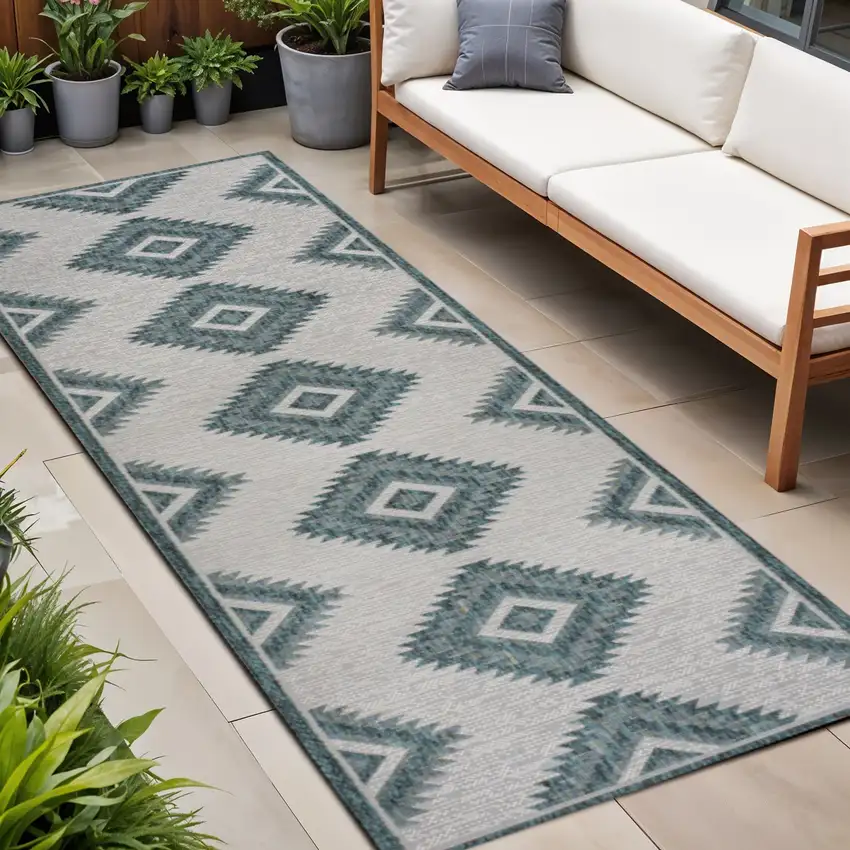8' Turquoise And Cream Moroccan Indoor Outdoor Runner Rug Photo 1