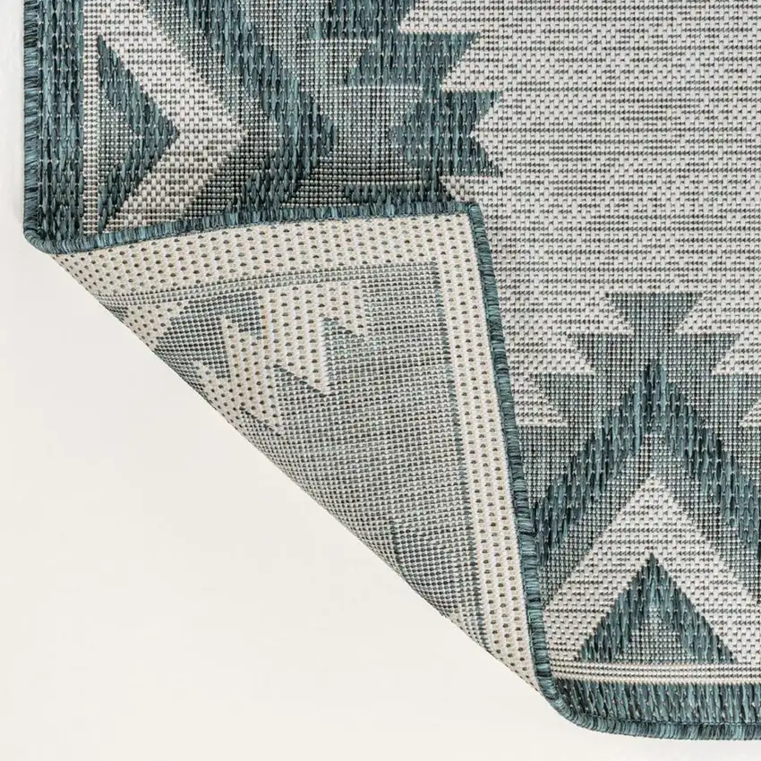 8' Turquoise And Cream Moroccan Indoor Outdoor Runner Rug Photo 2