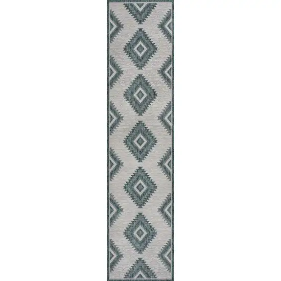 8' Turquoise And Cream Moroccan Indoor Outdoor Runner Rug Photo 9